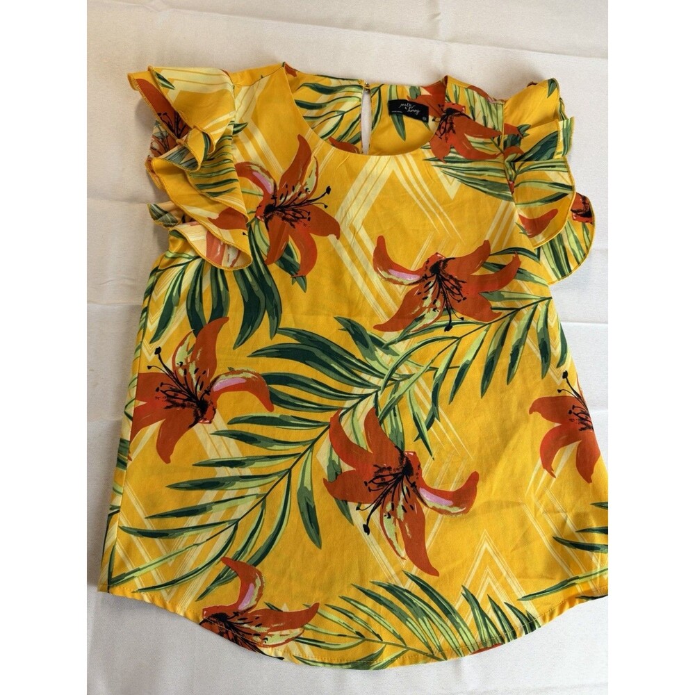 Milk & Honey Womens Yellow Tropical Floral Flutter Sleeve Top SZ XS Resort Boho